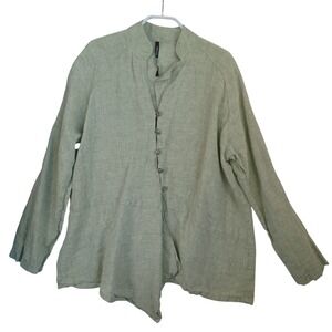 Blanque Womens Sage Green 100% Linen Asymmetrical Button Up Tunic Top Large USA